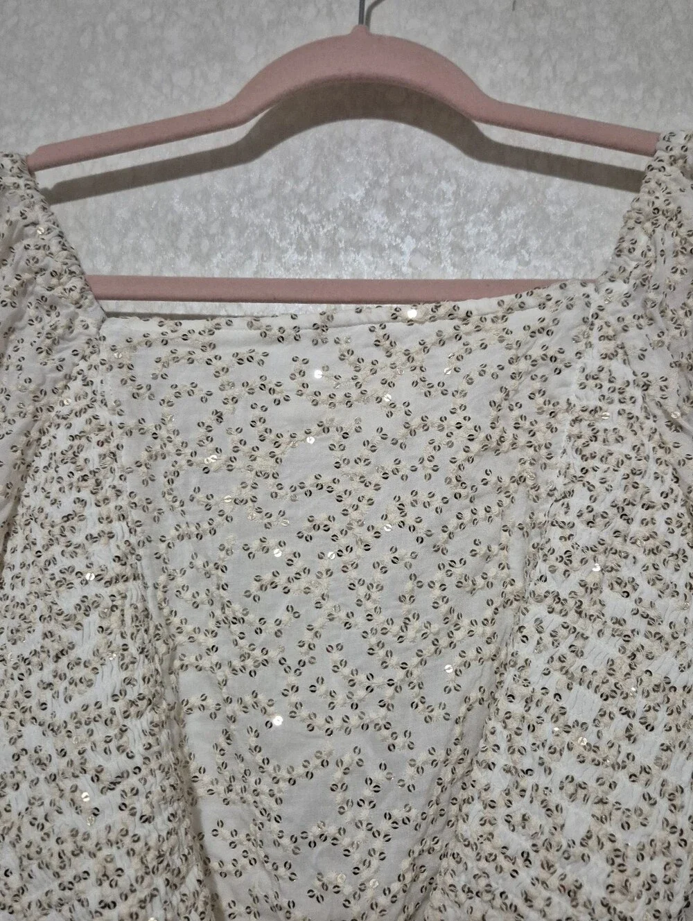 NWT Anthropologie Cream Wrap Blouse with Gold Sequin Detail..Size:M